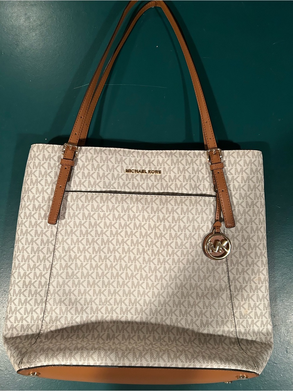 Michael Kors Cream Logo Tote with Tan Leather Trim